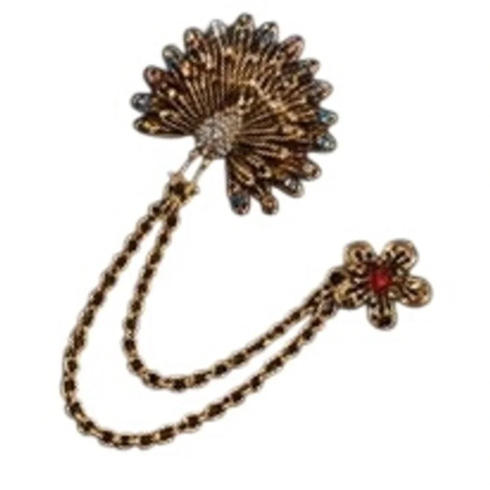 Peacock & Flower Double Chain Brooch   Pin Multi Colored Crystal Accents
